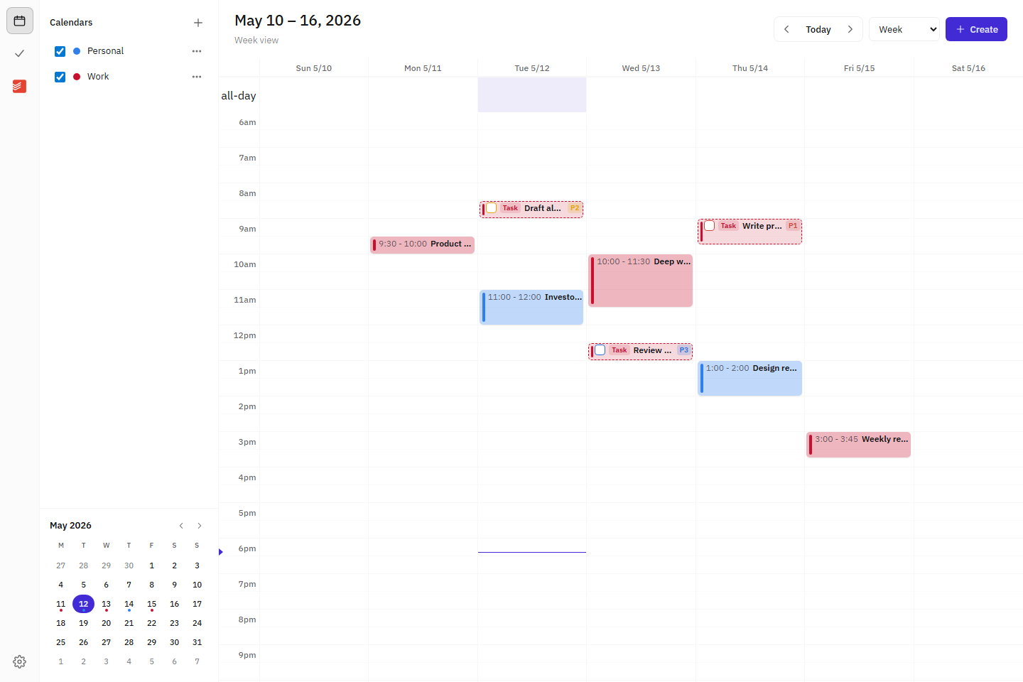 Dainvo week calendar with scheduled events and task blocks