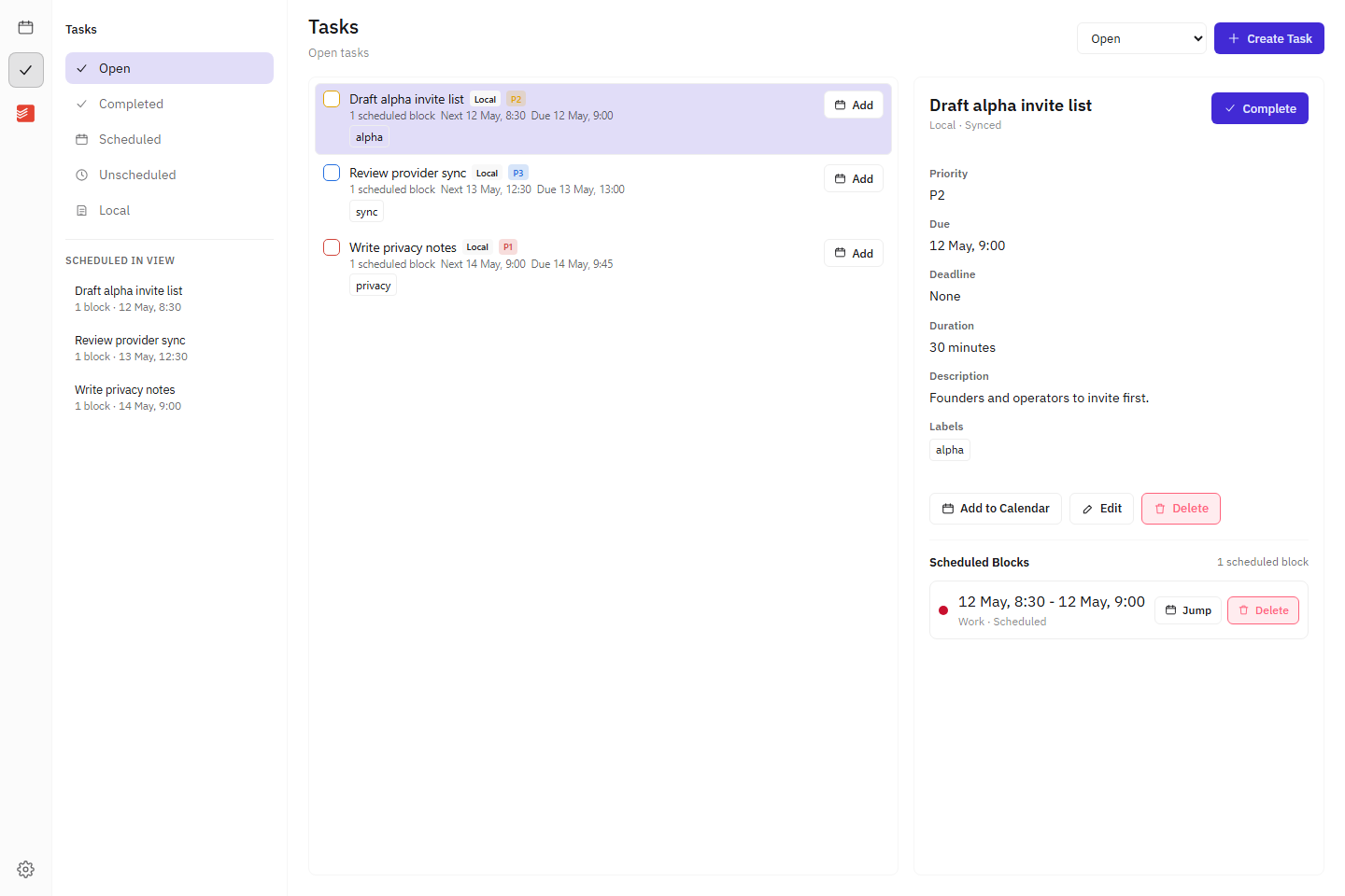 Dainvo tasks view with a selected task and scheduled block details